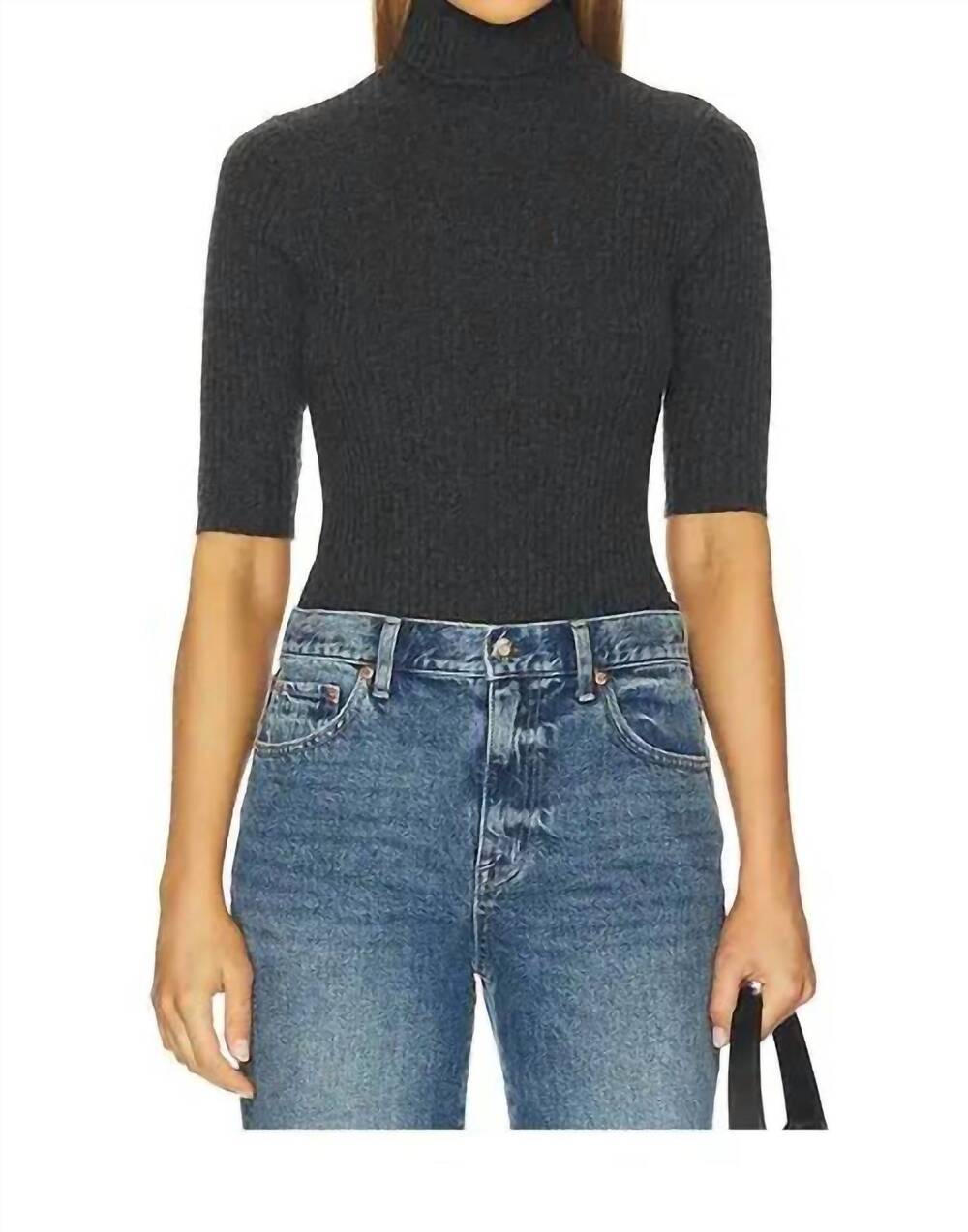 NEW AUTUMN CASHMERE cropped elbow sleeve rib turtleneck top in pepper
